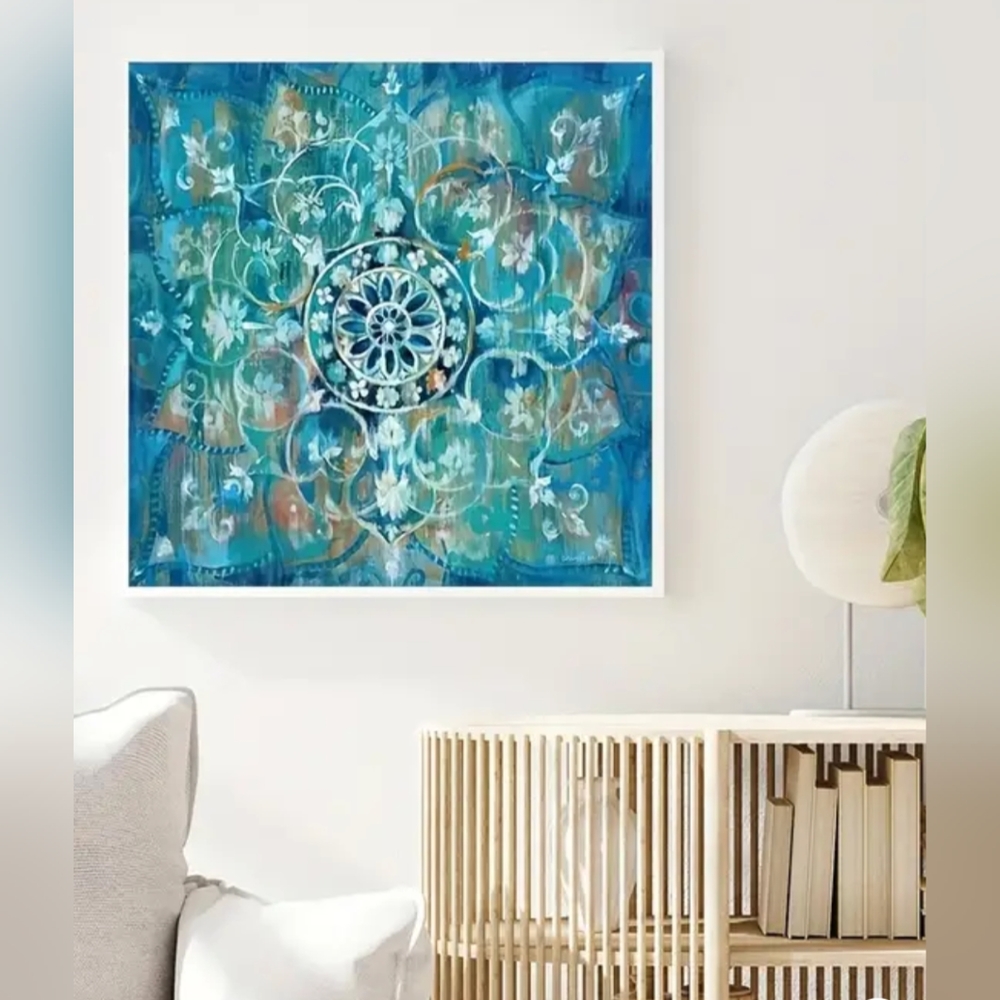 NEW beautiful teal/seafoam green/white/navy square canvas mandala wall print